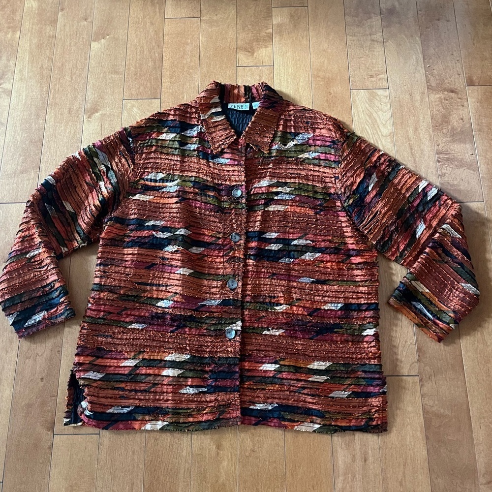 CHICO’S 100% Silk Patchwork Ribbon Jacket Medium-Large
